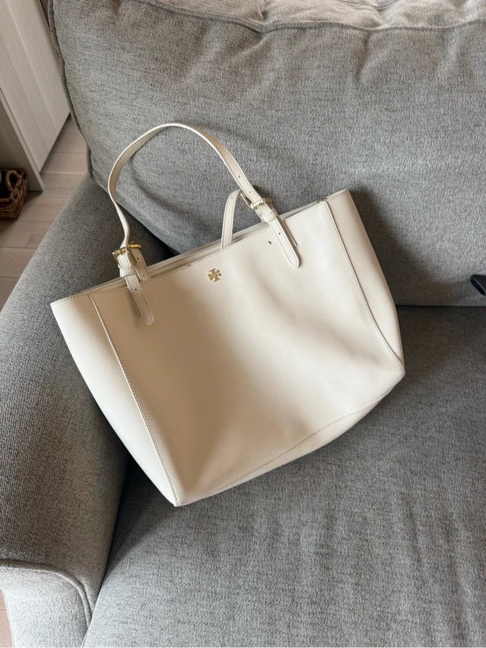 Tory Burch Off-White Leather Tote with Gold Logo